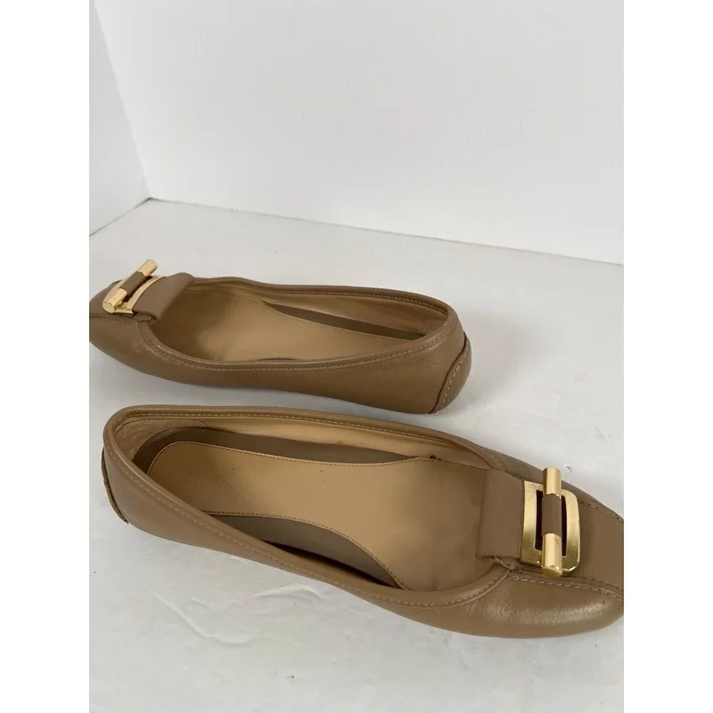 Michael Kors Size 6.5 Tan Balletcore Flats Leather Ballet‎ Gold Buckle Detail